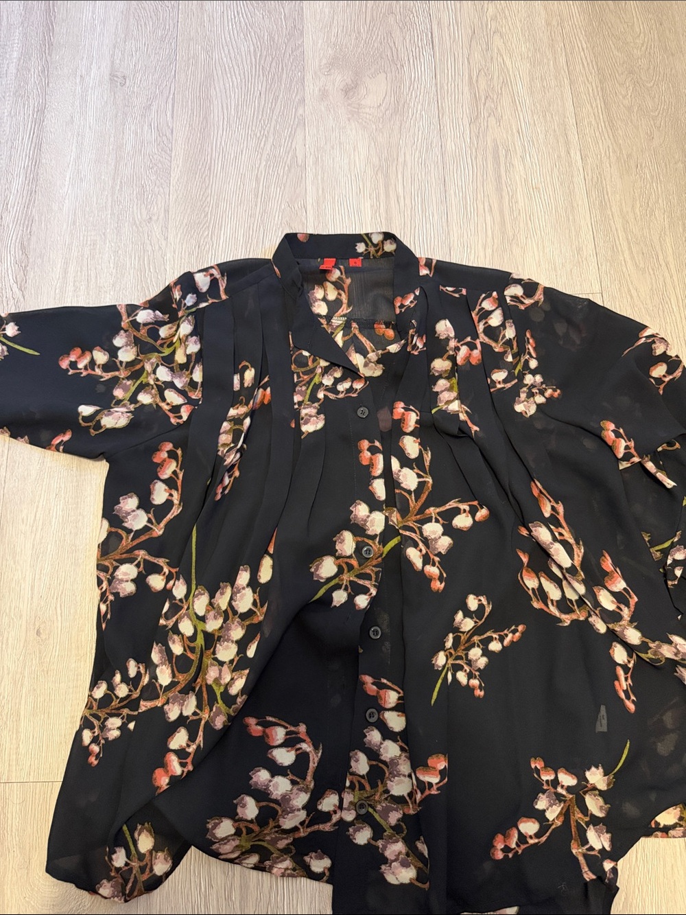 5/48 Black Floral Button-Down Shirt with Peach & Cream Blooms